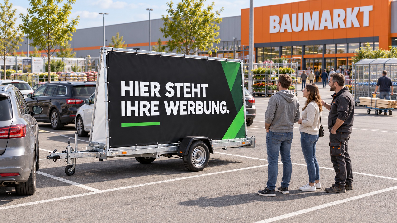 Mobiler Werbeanhänger mit schwarzer Plane und weißem Schriftzug „Hier steht Ihre Werbung.“ auf dem Parkplatz eines Baumarkts, Kundinnen und Kunden mit Einkaufswagen vor dem Eingang