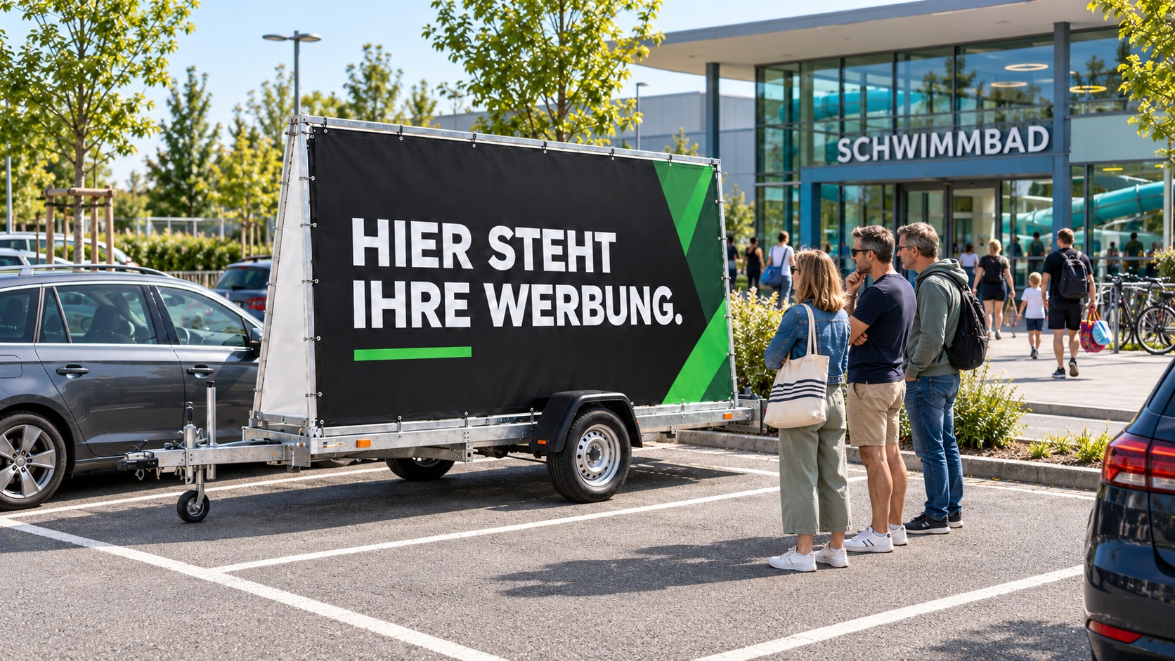 Mobiler Werbeanhänger mit schwarzer Plane und weißem Schriftzug „Hier steht Ihre Werbung.“ auf dem Parkplatz eines Schwimmbads mit Glasfassade, Badegäste auf dem Weg zum Eingang