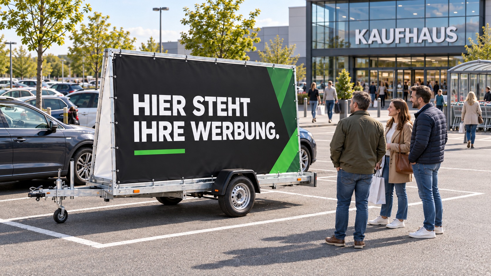 Mobiler Werbeanhänger mit schwarzer Plane und weißem Schriftzug „Hier steht Ihre Werbung.“ auf dem Parkplatz vor einem Kaufhaus, Passanten mit Einkaufstüten auf dem Weg zu den Glaseingängen